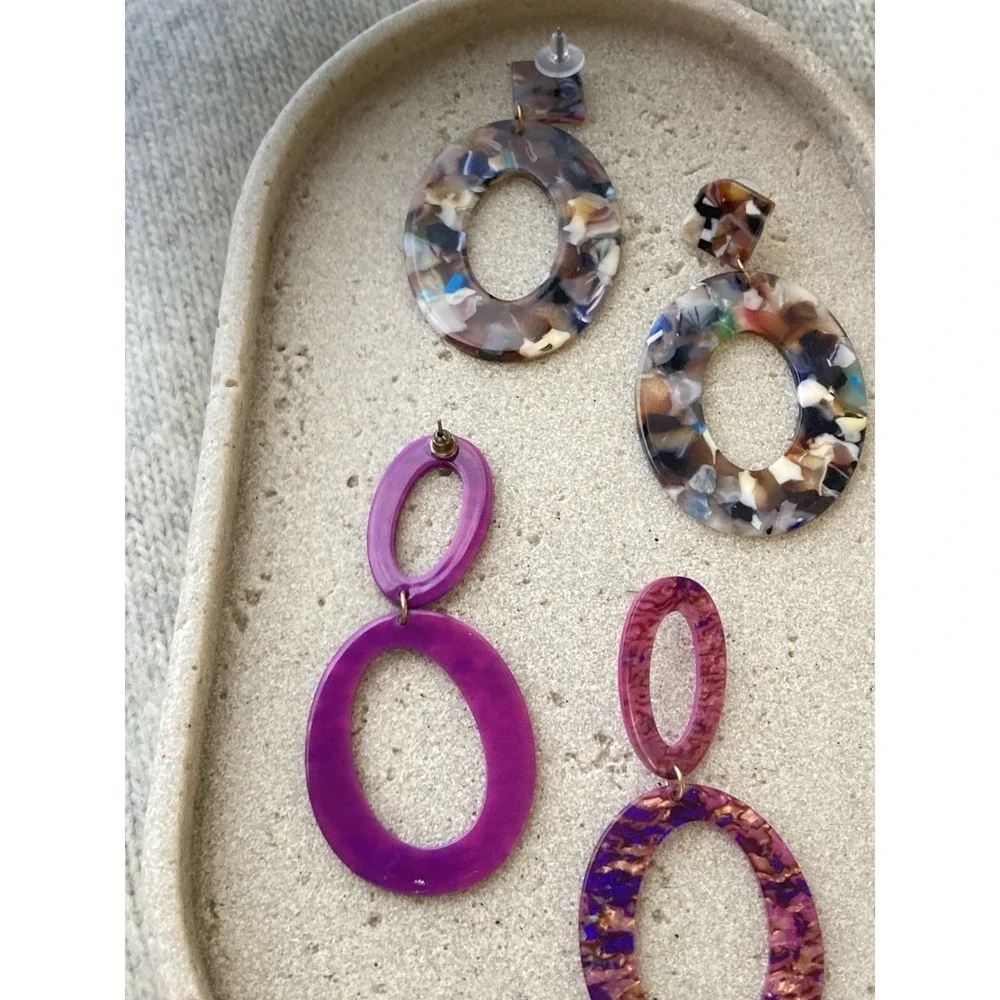 Retro Resin Dangle Earrings Set Of 2 80's Style‎ Open Oval Acrylic Statement